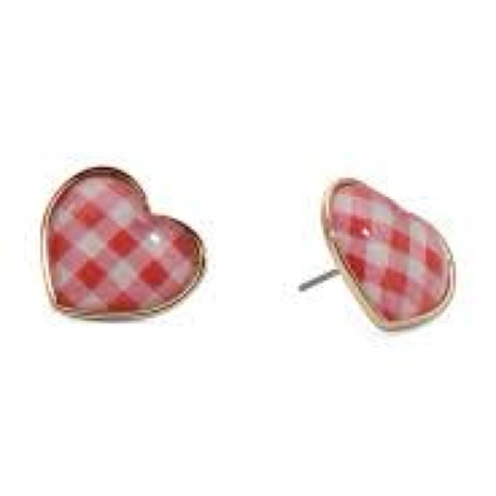 Betsey Johnson Red  Gingham Heart Stud Earrings